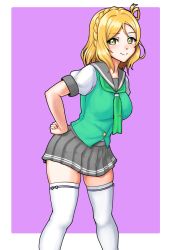 Rule 34 | 1girl, aqua bow, artist name, artist request, blonde hair, blush, bow, bow legwear, braid, breasts, brown eyes, buttons, collarbone, crown braid, female focus, green eyes, green neckerchief, green sweater, green sweater vest, grey sailor collar, grey skirt, hair rings, half-closed eyes, hand on own hip, highres, looking at viewer, love live!, love live! sunshine!!, medium breasts, miniskirt, neckerchief, ohara mari, parted lips, plaid, plaid skirt, pleated, pleated skirt, purple background, sailor collar, school uniform, shirt, short hair, short sleeves, skirt, smile, solo, sweater, sweater vest, tie clip, uranohoshi school uniform, white legwear, white shirt, yellow buttons, yellow eyes