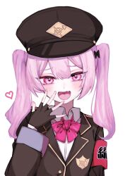 Rule 34 | 1girl, absurdres, armband, black bow, black coat, black hat, blush, bow, bowtie, coat, collared shirt, commentary request, fang, hair between eyes, hair bow, hair ornament, hand up, hat, heart, highres, lapels, long sleeves, looking at viewer, military hat, open mouth, original, peaked cap, pink bow, pink bowtie, pink eyes, pink hair, red armband, shirt, simple background, skin fang, smug, solo, twintails, upper body, white background, white shirt, yagiusagi