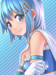 Rule 34 | 10s, 1girl, armband, bad id, bad pixiv id, blue eyes, blue hair, fortissimo, gloves, hair ornament, hairclip, magical girl, mahou shoujo madoka magica, mahou shoujo madoka magica (anime), mahou shoujo madoka magica movie 1 &amp; 2, matching hair/eyes, miki sayaka, musical note, musical note hair ornament, paisen, short hair, smile, solo, striped, striped background, upper body