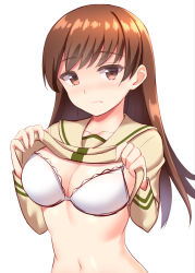 Rule 34 | 1girl, bra, breasts, brown eyes, brown hair, closed mouth, kantai collection, lifting own clothes, long hair, looking at viewer, medium breasts, navel, ooi (kancolle), school uniform, simple background, solo, tokyo yamane, underwear, white background, white bra