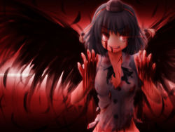 Rule 34 | 1girl, akashio (loli ace), bad id, bad pixiv id, black hair, black wings, blood, cuts, feathers, female focus, grin, hat, injury, looking at viewer, open mouth, red eyes, shameimaru aya, short hair, smile, solo, torn clothes, touhou, wings, yandere