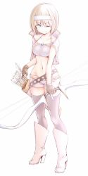 Rule 34 | 1girl, ;), arrow (projectile), belt, black gloves, black thighhighs, blue eyes, boots, bow (weapon), capelet, commentary request, crop top, fingerless gloves, full body, gloves, hairband, high heel boots, high heels, holding, holding arrow, holding bow (weapon), holding weapon, knee boots, looking at viewer, micro shorts, one eye closed, original, quiver, sasaki akira (ugc), shirt, shorts, silver hair, simple background, smile, solo, standing, thighhighs, weapon, white background, white belt, white capelet, white footwear, white hairband, white shirt, white shorts