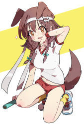 Rule 34 | 1girl, :d, animal ears, blue bow, bone hair ornament, bow, braid, breasts, brown eyes, brown hair, cartoon bone, commentary request, dog ears, dog girl, dog tail, fang, full body, gym shirt, gym uniform, hair between eyes, hair bow, hair ornament, hair over shoulder, hand up, headband, holding, hololive, inugami korone, looking at viewer, medium breasts, midriff peek, navel, on one knee, open mouth, relay baton, shadowsinking, shirt, shoes, short sleeves, smile, socks, solo, sweat, tail, twin braids, two-tone background, virtual youtuber, white background, white footwear, white headband, white shirt, wiping sweat, yellow background, yellow socks