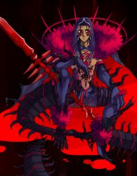 Rule 34 | 1boy, angry, blood, blood splatter, blue hair, bodypaint, cape, closed mouth, cu chulainn (fate), cu chulainn (fate) (all), cu chulainn (fate/stay night), cu chulainn alter (fate), cu chulainn alter (fate/grand order), cu chulainn alter (third ascension) (fate), dark-skinned male, dark blue hair, dark persona, dark skin, earrings, elbow gloves, facepaint, fate/grand order, fate/stay night, fate (series), frown, full body, gae bolg (fate), gloves, highres, hood, hood up, hooded cape, jewelry, lancer, long hair, looking to the side, male focus, monster boy, muscular, pants, ponytail, red eyes, sitting, solo, spikes, spread legs, tail, topless male, type-moon