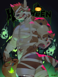 Rule 34 | 1boy, abs, absurdres, animal ears, ass, bandage over one eye, bandaged arm, bandaged neck, bandages, bara, beard, claw pose, cowboy shot, facial hair, furry, furry male, glowing, glowing eyes, goatee, gyee, halloween, halloween costume, highres, icelernd, jaguar boy, jaguar ears, large pectorals, looking at viewer, looking back, male focus, mummy costume, muscular, muscular male, naked bandage, navel, nipples, open mouth, pectorals, pumpkin, romg, romg the jaguar, short hair, smile, solo, spirit, thick beard, thick eyebrows, trick or treat