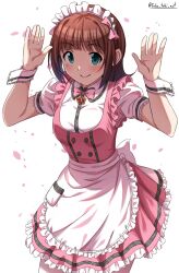 Rule 34 | 1girl, alternate costume, amami haruka, apron, blush, bow, bowtie, breasts, brown hair, buttons, commentary request, cowboy shot, dress, enmaided, frilled skirt, frills, green eyes, hair bow, hands up, highres, idolmaster, idolmaster (classic), looking at viewer, maid, maid headdress, medium breasts, petals, pink bow, pink bowtie, pink dress, puffy short sleeves, puffy sleeves, shirt, short hair, short sleeves, sidelocks, skirt, smile, solo, takatsuki p, twitter username, waist apron, white apron, white background, white shirt, wrist cuffs