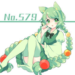 Rule 34 | 1girl, animal ears, blush, bow, bowtie, braid, convenient leg, creatures (company), full body, game freak, gen 5 pokemon, green eyes, green footwear, green skirt, green thighhighs, hand up, highres, looking at viewer, nintendo, ougi hina, personification, pokedex number, pokemon, reuniclus, shoes, simple background, single shoe, sitting, skirt, thighhighs, twin braids, white background, wide sleeves