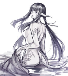 Rule 34 | 1girl, ass, au ra, bad id, bad pixiv id, black hair, breasts, closed mouth, dragon horns, dragon tail, final fantasy, final fantasy xiv, from behind, greyscale, horns, kacyu, long hair, looking at viewer, looking back, medium breasts, monochrome, nude, partially submerged, scales, sketch, solo, standing, tail, wading, water, yugiri mistwalker