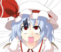Rule 34 | 1girl, bat wings, blood, blue hair, female focus, hat, knife, knife in head, knifed, object through head, open mouth, red eyes, remilia scarlet, solo, super masara, touhou, wings