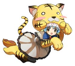 Rule 34 | 10s, 1girl, 2010, animal costume, animal ears, animal hands, animal hat, animal print, anyamal tantei kirumin zoo, bad id, bad pixiv id, blue hair, blush, blush stickers, brown eyes, cosplay, costume, dress, fang, galaxy angel, gloves, hat, looking at viewer, mint blancmanche, new year, nyama, open mouth, paw gloves, short dress, short hair, smile, solo, tail, tiger, tiger (chinese zodiac), tiger costume, tiger ears, tiger print, yellow eyes