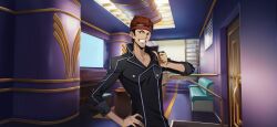 Rule 34 | 1boy, artist request, bench, black jacket, brown eyes, brown hair, buttons, code geass, code geass: lost stories, collarbone, door, facial hair, game cg, goatee stubble, grin, hand on own hip, hand up, happy, headband, highres, indoors, jacket, looking at viewer, male focus, matching hair/eyes, non-web source, official art, pectoral cleavage, pectorals, pointing, pointing at self, red headband, short hair, sidelocks, smile, solo, spiked hair, stairs, standing, stubble, tamaki shin&#039;ichirou, teeth, television, thumbs up, upper body, v-shaped eyebrows