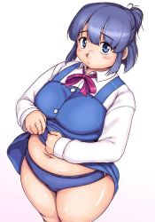 Rule 34 | 1girl, belly, blue eyes, blue hair, blush, breasts, buruma, clothes lift, dress, dress lift, fat, fat step-sister (orizen), highres, looking at viewer, matching hair/eyes, mature female, medium breasts, navel, original, orizen, plump, pout, shy, solo, thick thighs, thighs