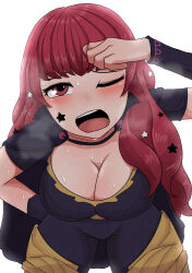 Rule 34 | 1girl, amamitsu9, black cape, blush, bodysuit, breasts, breath, cape, cleavage, commentary, exhausted, eyelashes, facial mark, fire emblem, fire emblem engage, hair ornament, hand on forehead, hand on own hip, highres, large breasts, leaning forward, long hair, looking at viewer, nintendo, one eye closed, open mouth, red eyes, red hair, short sleeves, simple background, star (symbol), star facial mark, star hair ornament, star tattoo, sweat, tattoo, white background, yunaka (fire emblem)