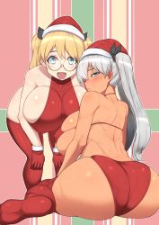 Rule 34 | 2girls, :d, ass, bad id, bad pixiv id, bare shoulders, bikini, black ribbon, blonde hair, blue eyes, breasts, by spoon, christmas, covered collarbone, dark-skinned female, dark skin, fur-trimmed gloves, fur-trimmed headwear, fur trim, glasses, gloves, hair ribbon, hat, highres, huge ass, huge breasts, looking at viewer, micro bikini, multiple girls, open mouth, original, outline, red bikini, red gloves, red headwear, red legwear, ribbon, round eyewear, santa hat, sideboob, silver hair, sitting, smile, swimsuit, thick thighs, thighhighs, thighs, twintails, white outline, wide hips