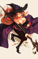 Rule 34 | 1girl, bad id, bad pixiv id, bare shoulders, bespectacled, black pantyhose, breasts, cleavage, dragon&#039;s crown, glasses, hat, highres, large breasts, long hair, looking at viewer, pantyhose, red eyes, red hair, smile, softmode, solo, sorceress (dragon&#039;s crown), staff, witch hat