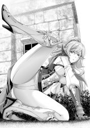 Rule 34 | 1girl, all fours, boots, breasts, building, bush, capelet, detached sleeves, gauntlets, genshin impact, hair ribbon, high heels, jean (genshin impact), large breasts, leg up, monji (monnji0083), monochrome, ponytail, ribbon, sidelocks, sweat, window