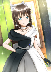 Rule 34 | 1girl, aqua eyes, artist name, artist request, back bow, bare shoulders, belt, black dress, black gloves, black skirt, blue eyes, blush, bow, bow hairband, breasts, brooch, brown hair, buttons, choker, collarbone, diamond (gemstone), dress, drop earrings, earrings, evening gown, female focus, gloves, grey belt, grey bow, grey skirt, hair between eyes, hair bow, hairband, half updo, high ponytail, highres, jewelry, lace, lace gloves, long hair, looking at viewer, love live!, love live! nijigasaki high school idol club, love live! school idol festival, miniskirt, multicolored clothes, multicolored dress, off-shoulder dress, off shoulder, osaka shizuku, outdoors, parted lips, plaid, plaid dress, plaid skirt, pleated, pleated dress, pleated skirt, ponytail, skirt, sleeveless, sleeveless dress, small breasts, smile, solitude rain (love live!), solo, sparkle, two-tone dress, white bow, white choker, white dress, white skirt