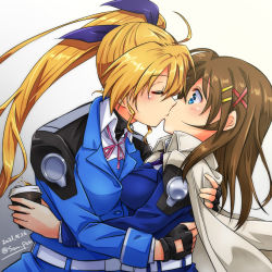 Rule 34 | 2girls, belt, blonde hair, blue eyes, breast press, brown hair, cape, coffee cup, commentary request, cup, disposable cup, fingerless gloves, gloves, hair ornament, hair ribbon, highres, hug, kiss, long hair, lyrical nanoha, military, military uniform, multiple girls, aged up, ribbon, san-pon, short hair, side ponytail, simple background, surprised, symmetrical docking, tsab naval military uniform, uniform, very long hair, vivio, white belt, x hair ornament, yagami hayate, yuri