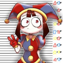 Rule 34 | 1girl, bell, blurry, blurry background, blush stickers, brown hair, commentary, cropped legs, english commentary, exotictype, gloves, hat, highres, jester cap, jingle bell, looking to the side, mugshot, multicolored eyes, pomni (the amazing digital circus), puffy sleeves, red gloves, solo, square, standing, star (symbol), sweatdrop, the amazing digital circus, triangle, two-tone eyes, v