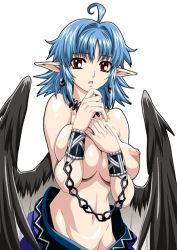 Rule 34 | 1girl, ahoge, blue hair, breast hold, breasts squeezed together, breasts, chain, covering privates, covering breasts, earrings, groin, isse, jewelry, large breasts, necklace, nipples, original, pointy ears, red eyes, short hair, solo, topless, wings