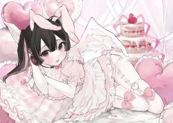 Rule 34 | 1girl, animal ears, apron, black hair, blush, cake, detached sleeves, dress, fake animal ears, feathered wings, food, headset, heart, heart-shaped pillow, iq033, long hair, looking at viewer, lying, multicolored hair, on side, open mouth, original, pillow, pink dress, pink eyes, pink hair, puffy detached sleeves, puffy sleeves, rabbit, ribbon, smile, solo, thigh strap, twintails, two-tone hair, white wings, wings