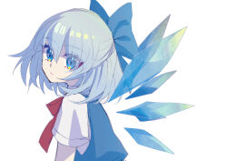 Rule 34 | 1girl, absurdres, blue bow, blue eyes, blue hair, blue vest, bow, cirno, closed mouth, detached wings, from side, hair between eyes, hair bow, head tilt, highres, looking at viewer, looking to the side, medium hair, neck ribbon, red ribbon, ribbon, shirt, shocho (shaojiujiu), simple background, solo, touhou, upper body, vest, white background, white shirt, wings