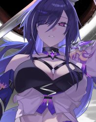 Rule 34 | 1girl, absurdres, acheron (honkai: star rail), armor, black choker, black hole, breasts, choker, cleavage, coat, criss-cross halter, detached sleeves, eyes visible through hair, hair over one eye, halterneck, highres, honkai: star rail, honkai (series), katana, large breasts, long hair, looking at viewer, midriff, multicolored hair, parted lips, pigpotato, purple eyes, purple hair, shoulder armor, single bare shoulder, solo, standing, streaked hair, sword, upper body, weapon, white coat