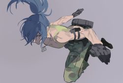Rule 34 | 1girl, armlet, bare shoulders, blue eyes, blue hair, camouflage, clenched hand, dog tags, fighting stance, gloves, grey background, hair over one eye, leona heidern, otuming, ponytail, simple background, sketch, solo, tank top, the king of fighters, the king of fighters xv, yellow tank top