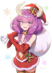 Rule 34 | 1girl, aura (sousou no frieren), bare shoulders, bell, blush, bow, braid, breasts, christmas, cleavage, clothing cutout, crying, crying with eyes open, demon girl, demon horns, dress, elbow gloves, fur-trimmed dress, fur-trimmed gloves, fur-trimmed headwear, fur trim, gloves, hair bell, hair between eyes, hair bow, hair ornament, hat, highres, holding, holding sack, horns, long hair, looking at viewer, low-braided long hair, low-tied long hair, lower teeth only, medium breasts, mistletoe, mistletoe hair ornament, multiple braids, navel, navel cutout, neck bell, open mouth, purple eyes, purple hair, quad braids, red dress, red gloves, red hat, red thighhighs, sack, santa dress, santa hat, snow, snowflakes, solo, sousou no frieren, strapless, strapless dress, suga masashi, tears, teeth, thighhighs, thighs, white background