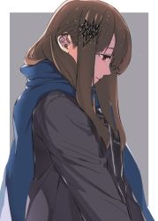 Rule 34 | 1girl, bad id, bad twitter id, brown hair, character request, hair ornament, long hair, megumoke, profile, red eyes, scarf, solo, upper body