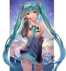 Rule 34 | 1girl, absurdres, aqua hair, asymmetrical gloves, black gloves, black sleeves, blue eyes, blue skirt, blurry, blurry background, collared shirt, cowboy shot, detached sleeves, dress shirt, fingerless gloves, floating hair, gloves, hair between eyes, hair ornament, hatsune miku, highres, hyy-huangyuyao, layered skirt, lens flare, long hair, long sleeves, miniskirt, open mouth, see-through silhouette, shirt, single glove, skirt, sleeveless, sleeveless shirt, solo, twintails, uneven gloves, very long hair, vocaloid, white shirt, wing collar