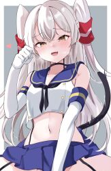 Rule 34 | 1girl, :d, amatsukaze (kancolle), bare shoulders, between legs, black choker, black neckerchief, blonde hair, blue skirt, blush, breasts, buttons, calin, cat tail, choker, clenched hand, commentary request, cosplay, crop top, double-breasted, elbow gloves, garter straps, gloves, groin, hair between eyes, hand between legs, hand up, happy, heart, highres, kantai collection, legs apart, looking at viewer, midriff, miniskirt, navel, neckerchief, open mouth, pleated skirt, sailor collar, school uniform, serafuku, shimakaze (kancolle), shimakaze (kancolle) (cosplay), shirt, skirt, sleeveless, sleeveless shirt, small breasts, smile, solo, spread legs, stomach, straddling, tail, teeth, two side up, upper teeth only, upskirt, white gloves, white hair, yellow eyes