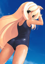Rule 34 | 1girl, ass, black one-piece swimsuit, blonde hair, day, fang, flat ass, from behind, from below, jiji (aardvark), long hair, one-piece swimsuit, orange eyes, original, school swimsuit, sky, solo, swimsuit, wet