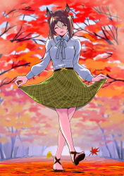 Rule 34 | 1girl, ;d, animal ears, autumn leaves, brown hair, clothes lift, clover hair ornament, collared shirt, commentary request, fine motion (umamusume), full body, ginkgo leaf, green skirt, hair between eyes, hair ornament, highres, horse ears, horse girl, leaf, lifted by self, long sleeves, looking at viewer, maharu66, maple leaf, multicolored hair, one eye closed, open mouth, partial commentary, sandals, shirt, skirt, skirt lift, smile, solo, two-tone hair, umamusume, white hair, white shirt, yellow eyes