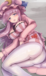 Rule 34 | 1girl, ass, blush, bow, breasts, commentary request, crescent, crescent hat ornament, dress, hat, hat ornament, highres, long hair, lying, mob cap, namiki (remiter00), on side, open mouth, pantyhose, patchouli knowledge, purple eyes, red bow, striped clothes, striped dress, tongue, touhou, white pantyhose