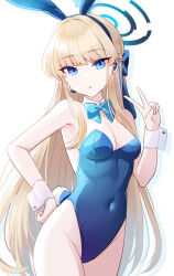 Rule 34 | 1girl, animal ears, aqua bow, aqua bowtie, bare shoulders, blonde hair, blue archive, blue bow, blue eyes, blue hair, blue leotard, bow, bowtie, breasts, cleavage, commentary request, covered navel, cowboy shot, detached collar, earpiece, fake animal ears, fake tail, hair bow, halo, hand on own hip, highleg, highleg leotard, highres, leotard, long hair, looking at viewer, medium breasts, multicolored hair, official alternate costume, partial commentary, playboy bunny, rabbit ears, rabbit tail, sakura ran, simple background, solo, standing, strapless, strapless leotard, streaked hair, tail, toki (blue archive), toki (bunny) (blue archive), v, white background, white wrist cuffs, wrist cuffs