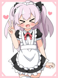 Rule 34 | &gt; &lt;, 1girl, :d, apron, black dress, black ribbon, blush, closed eyes, dress, facing viewer, frilled apron, frilled dress, frills, hair ribbon, hana kazari, hand up, heart, highres, long hair, maid, maid apron, maid headdress, mile (noukin), neck ribbon, open mouth, pink background, pink hair, pleated dress, puffy short sleeves, puffy sleeves, red ribbon, ribbon, short sleeves, smile, solo, thighhighs, two-tone background, two side up, v, very long hair, watashi nouryoku wa heikinchi de tte itta yo ne!, white apron, white background, white thighhighs, xd