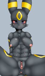 Rule 34 | 1girl, anus, blue eyes, breasts, colored sclera, creatures (company), female focus, furry, furry female, game freak, gen 2 pokemon, highres, nintendo, nipples, pokemon, pokemon (creature), pussy, red sclera, ruishin, simple background, solo, umbreon, uncensored