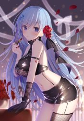 Rule 34 | 1girl, arm strap, bare shoulders, black gloves, black shirt, black skirt, blue hair, blurry, breasts, cosmetics, cowboy shot, crop top, depth of field, emori miku, fishnet thighhighs, fishnets, flower, garter straps, gloves, hair flower, hair ornament, hand up, high collar, highres, holding, large breasts, latex, lipstick, lipstick tube, liver city, long hair, looking at viewer, makeup, midriff, miko (royal milk), miniskirt, nail polish, navel, parted lips, pencil skirt, petals, purple eyes, red flower, red nails, rose, shirt, skindentation, skirt, sleeveless, sleeveless shirt, sleeveless turtleneck, solo, stomach, thighhighs, thighs, turtleneck, very long hair