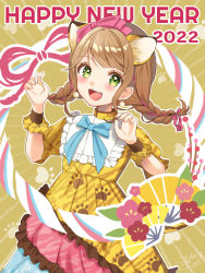 Rule 34 | 1girl, 2022, :d, animal ears, animal print, beret, blush, braid, brown hair, chinese zodiac, claw pose, dress, earrings, fang, frilled dress, frilled shirt collar, frills, green eyes, happy new year, hat, hat ribbon, highres, jewelry, kowano, long hair, new year, open mouth, original, paw print, ribbon, ribbon braid, smile, solo, tail, tiger ears, tiger girl, tiger print, tiger tail, twin braids, wrist cuffs, year of the tiger