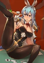 Rule 34 | 10s, 1girl, animal ears, black pantyhose, blue eyes, blue hair, blush, bow, bowtie, breasts, carrot, cleavage, detached collar, fake animal ears, gloves, gradient background, granblue fantasy, highres, holding, jacket, jacket on shoulders, katsudansou, large breasts, leotard, long hair, pantyhose, playboy bunny, playing games, purple eyes, rabbit ears, sexually suggestive, solo focus, spread legs, tears, therese (granblue fantasy), white gloves
