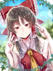 Rule 34 | 0jewdvwvkixqbpn, 1girl, ascot, black hair, bow, commentary request, detached sleeves, double v, frilled bow, frilled shirt collar, frills, hair bow, hair tubes, hakurei reimu, jitome, leaf, looking at viewer, plant, red bow, red eyes, solo, touhou, upper body, v, vines, yellow ascot