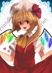 Rule 34 | 0123nao, 1girl, ascot, bad id, bad pixiv id, blonde hair, character name, clothes lift, curtsey, doily, embodiment of scarlet devil, female focus, flandre scarlet, hat, heart, naoko (juvenile), red eyes, skirt, skirt lift, solo, touhou, upper body, wings