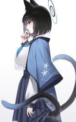 Rule 34 | 1girl, absurdres, animal ears, black eyes, black hair, black nails, black sailor collar, black skirt, blue archive, blue halo, blue neckerchief, breasts, cat ears, cat tail, fingernails, from side, halo, haori, highres, japanese clothes, kikyou (blue archive), large breasts, long sleeves, multiple tails, nail polish, neckerchief, pleated skirt, raki kr, sailor collar, short hair, simple background, skirt, solo, tail, two tails, white background