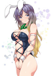 Rule 34 | 1girl, animal ears, bead necklace, beads, black leotard, blonde hair, breasts, cleavage, closed mouth, commentary, cross-laced clothes, gradient hair, highres, hijiri byakuren, huyusilver, jewelry, large breasts, leotard, looking at viewer, multicolored hair, navel, necklace, playboy bunny, purple eyes, purple hair, rabbit ears, smile, solo, symbol-only commentary, touhou, white background, wrist cuffs