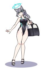 Rule 34 | 1girl, animal ear fluff, animal ears, bag, black one-piece swimsuit, blue archive, blue eyes, blush, breasts, cleavage, collarbone, competition swimsuit, covered navel, cross hair ornament, extra ears, full body, grey hair, hair ornament, halo, highleg, highleg swimsuit, highres, knees together feet apart, korean commentary, lazy ant, long legs, low ponytail, medium breasts, medium hair, mismatched pupils, multicolored clothes, multicolored swimsuit, official alternate costume, one-piece swimsuit, ponytail, sandals, shiroko (blue archive), shiroko (swimsuit) (blue archive), sideboob, simple background, solo, standing, swimsuit, thighs, thighs together, white background, wolf ears