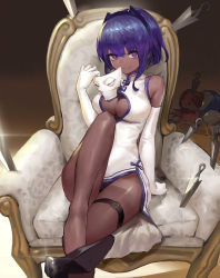 Rule 34 | 1girl, black panties, black pantyhose, breasts, canking, chair, cleavage, dark-skinned female, dark skin, dress, elbow gloves, fate/grand order, fate (series), gloves, hairband, hassan of serenity (fate), highres, hip focus, leg up, looking at viewer, mask, unworn mask, medium breasts, panties, pantyhose, purple hair, raised eyebrows, shoe dangle, short hair, solo, solo focus, thighs, underwear, white dress