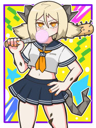 +_+ 1girl arknights baseball_bat black_outline black_sailor_collar black_skirt blonde_hair blowing_bubbles blush border chewing_gum commentary_request covered_mouth cowboy_shot crop_top cropped_shirt delinquent fingernails grey_tail hair_between_eyes hand_on_own_hip highres holding holding_baseball_bat holding_weapon ifrit_(arknights) looking_at_viewer material_growth midriff miniskirt multicolored_background nail_polish navel neckerchief orange_eyes orange_nails orange_neckerchief oripathy_lesion_(arknights) outline outside_border over_shoulder pleated_skirt rhine_lab_logo sailor_collar sanguisrubigo school_uniform shirt short_hair short_sleeves skirt solo spiked_bat spikes standing star_(symbol) tail weapon weapon_over_shoulder white_border white_outline white_shirt