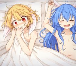 Rule 34 | 2girls, animal ears, blonde hair, blue hair, commentary request, embarrassed, closed eyes, flat chest, long hair, lying, multiple girls, navel, neko mata, on back, on bed, pillow, rabbit ears, red eyes, ringo (touhou), seiran (touhou), short hair, sleeping, smile, sweat, tears, touhou, under covers, wavy mouth, yuri