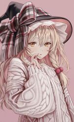 Rule 34 | 1girl, absurdres, adapted costume, black hat, blonde hair, bow, braid, closed mouth, frilled hat, frills, hair between eyes, hair bobbles, hair ornament, hat, hat bow, hat ribbon, highres, kirisame marisa, lips, long sleeves, looking at viewer, medium hair, pink background, plaid, plaid bow, plaid ribbon, ribbon, side braid, simple background, single braid, solo, sweater, torinari (dtvisu), touhou, upper body, white sweater, wide sleeves, yellow eyes